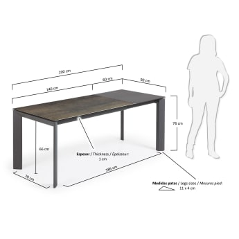 Επεκτεινόμενο τραπέζι Axis, πορσελάνη Iron Moss, ατσάλινα πόδια σε σκούρο γκρι, 140(200)εκ - μεγέθη