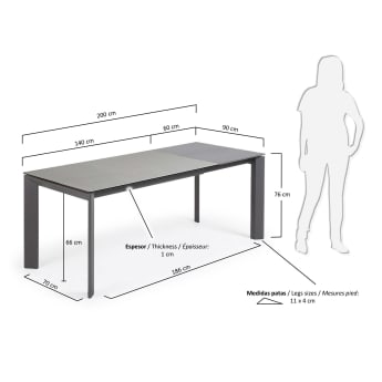 Table extensible Axis grès cérame finition Hydra Plomo pieds acier anthracite 140(200)cm - dimensions