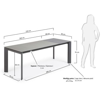 Table extensible Axis grès cérame finition Hydra Plomo pieds anthracite 160 (220) cm - dimensions