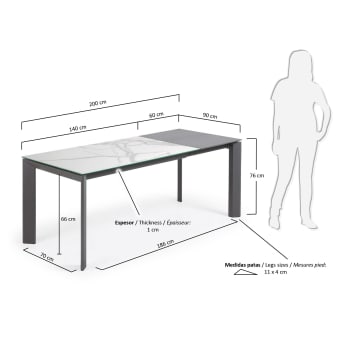 Table extensible Axis grès cérame finition Kalos blanche pieds gris foncé 140 (200) cm - dimensions