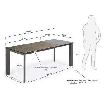 Table extensible Axis grès cérame Vulcano Cendrée et pieds acier anthracite 140(200)cm - dimensions