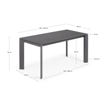 Table extensible Axis grès cérame finition Iron Moss pieds acier gris foncé 160 (220) cm - dimensions