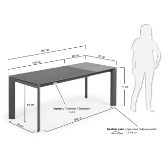 Επεκτεινόμενο τραπέζι Axis, πορσελάνη Vulcano Roca, σκούρο γκρι ατσάλινα πόδια, 140(200)εκ - μεγέθη