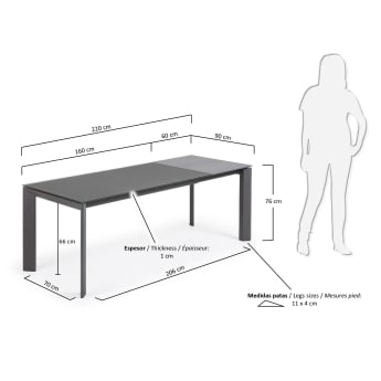 Table extensible Axis en verre gris et pieds en acier finition gris foncé 160 (220) cm - dimensions