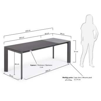 Table extensible Axis grès cérame finition Vulcano Roca pieds gris foncé 160 (220) cm - dimensions