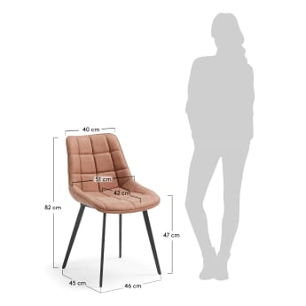 Cadeira Adam de pele sintética castanho e pernas de aço com acabamento preto - tamanhos