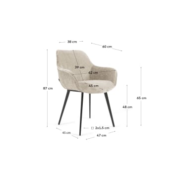 Cadeira Amira de chenille bege e pernas de metal com acabamento preto - tamanhos