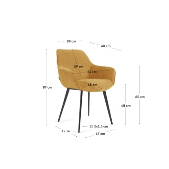 Cadeira Amira de chenille mostarda e pernas de metal com acabamento preto - tamanhos