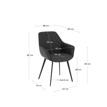 Cadeira Amira cinza-escuro e pernas de aço com acabamento preto - tamanhos