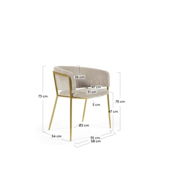 Krzesło Runnie w beżowej szenili z nogami stalowymi w złotym wykończeniu - rozmiary