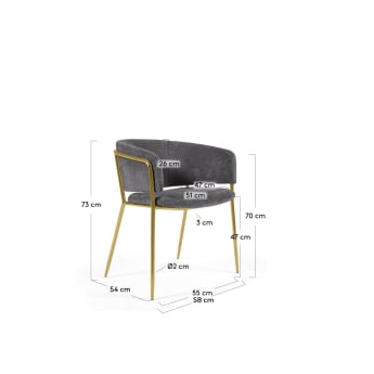 Cadeira Runnie de chenille cinza-escuro com pernas de aço com acabamento dourado - tamanhos
