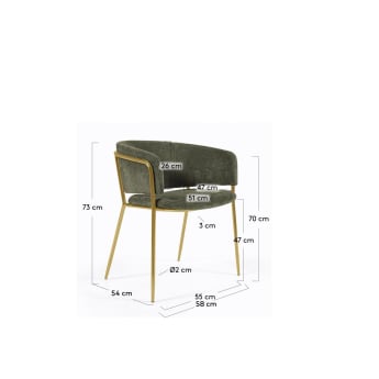 Runnie Stuhl in dunkelgrüner Chenille mit goldfarbenen Stahlbeinen - Größen