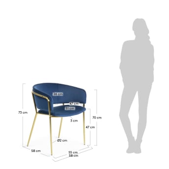 Cadeira Runnie azul com pernas de aço com acabamento dourado - tamanhos