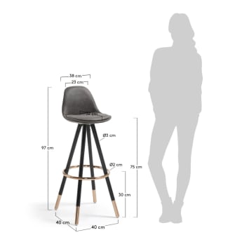 Slad bar stool in dark grey with solid beech wood legs and a black finish, 75 cm - sizes
