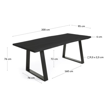 Table Alaia en bois d'acacia massif noir et pieds en acier noir 200 x 95 cm - dimensions
