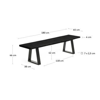 Alaia bench in solid black acacia wood with black steel legs, 180 cm - sizes