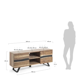 Uxia massief acacia houten TV-meubel met 2 deuren en zwart afgewerkt staal, 160 x 65 cm - maten