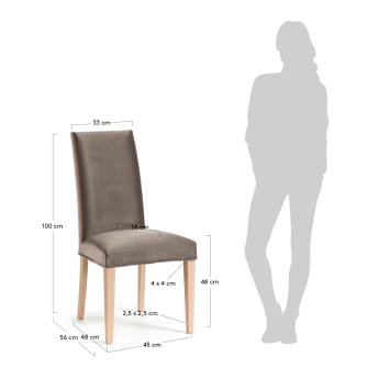 Cadeira Freda veludo cinza e pernas de madeira maciça de faia acabamento natural - tamanhos