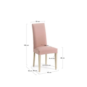 Krzesło Freda różowy aksamit i nogi z litego drewna bukowego z naturalnym wykończeniem - rozmiary