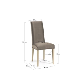 Brown velvet Freda chair with solid beech wood legs with natural finish - sizes