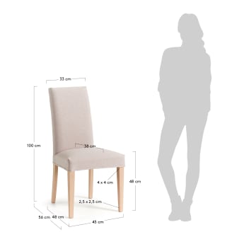 Beige Freda chair with solid beech wood legs with natural finish - sizes