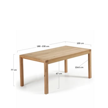 Briva uitschuifbare tafel in eikenfineer met natuurlijke afwerking 180 (230) x 90 cm - maten