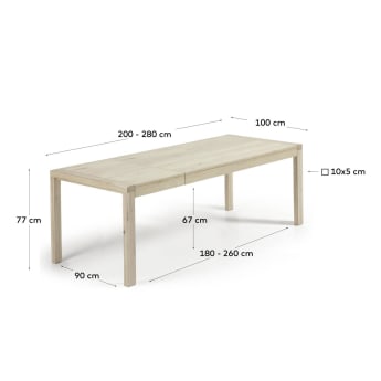 Ανοιγόμενο τραπέζι Briva, λευκός λακαρισμένος καπλαμάς βελανιδιάς 200(280)x100εκ - μεγέθη