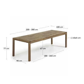 Table extensible Briva placage de chêne finition effet vieilli 200 (280) x 100 cm - dimensions