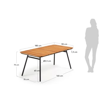 Table Soumaya 180 x 90 cm en acacia massif et acier noir FSC 100% - dimensions