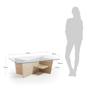 Mesa de centro Balwind vidro e base de madeira 110 x 60 cm - tamanhos