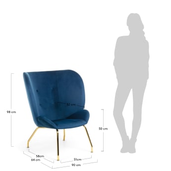 Fotel Violet w niebieskim aksamicie i stalowe nogi w złotym wykończeniu - rozmiary