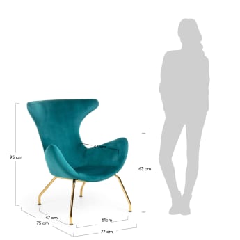 Chleo armchair in turquoise with legs in a gold finish - sizes