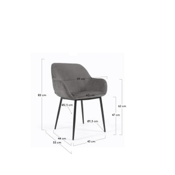 Konna chair in dark grey chenille with steel legs and painted black finish - sizes