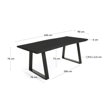 Alaia table in solid black acacia wood with black steel legs, 160 x 90 cm - sizes