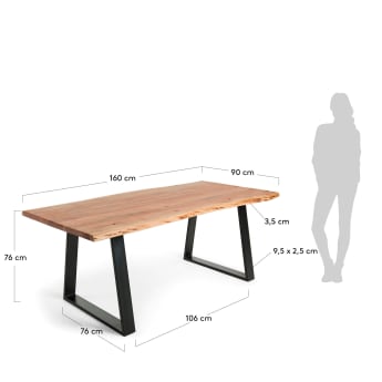 Table Alaia en acacia massif et pieds en acier noir 160 x 90 cm - dimensions