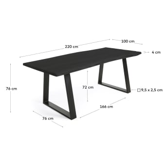 Table Alaia en bois d'acacia massif noir et pieds en acier noir 220 x 100 cm - dimensions