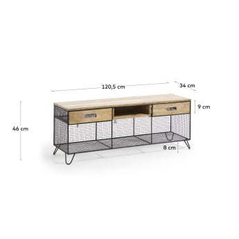 Aida solid mango wood TV stand with 2 drawers and black finish steel, 120.5 x 46 cm - sizes