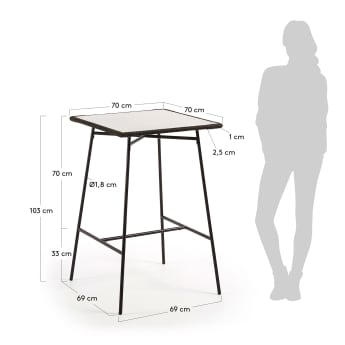Table haute Leora 70 x 70 cm en ciment et corde avec pieds en acier noir - dimensions