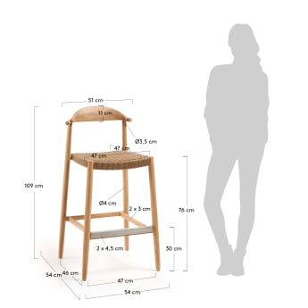 Nina stool in solid acacia wood, height 76 cm - sizes