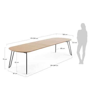 Table extensible Novac 170(320)x100 cm contreplaqué de chêne et pieds en acier noir - dimensions