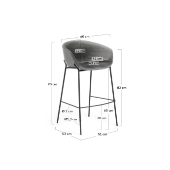 Yvette grey velvet stool with steel in a black finish, height 74 cm - sizes
