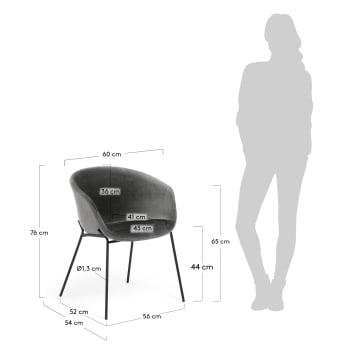 Krzesło Yvette szary aksamit i nogi ze stali wykończonej na czarno - rozmiary