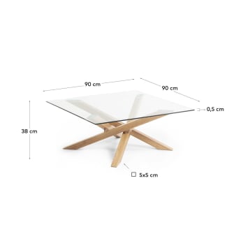 Tavolino da caffè Kamido 90 x 90 cm piano vetro gambe metallo rifinite legno - dimensioni