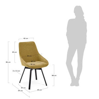 Chaise pivotante Jenna jaune moutarde et pieds en acier noir - dimensions