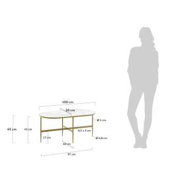 Elisenda glass coffee table in white with golden steel structure 100 x 50 cm - sizes
