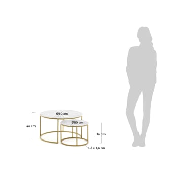 Set Leonor de 2 mesas de apoio de vidro branco e aço acabamento dourado Ø 80 cm/Ø 50 cm - tamanhos
