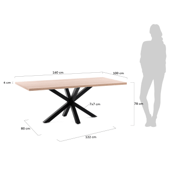 Table Argo en mélaminé finition naturelle et pieds en acier finition noire 160 x 100 cm - dimensions