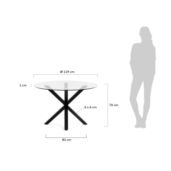 Mesa redonda Argo de vidro e pernas de aço acabamento preto Ø 119 cm - tamanhos