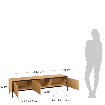 Nadyria massief eikenhoutfineer 3-deurs TV-meubel met zwarte afwerking staal, 180 x 50 cm - maten