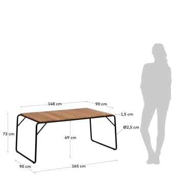 Table Yukari en acacia massif effet teck et pieds en acier noir 165 x 90 cm FSC 100% - dimensions